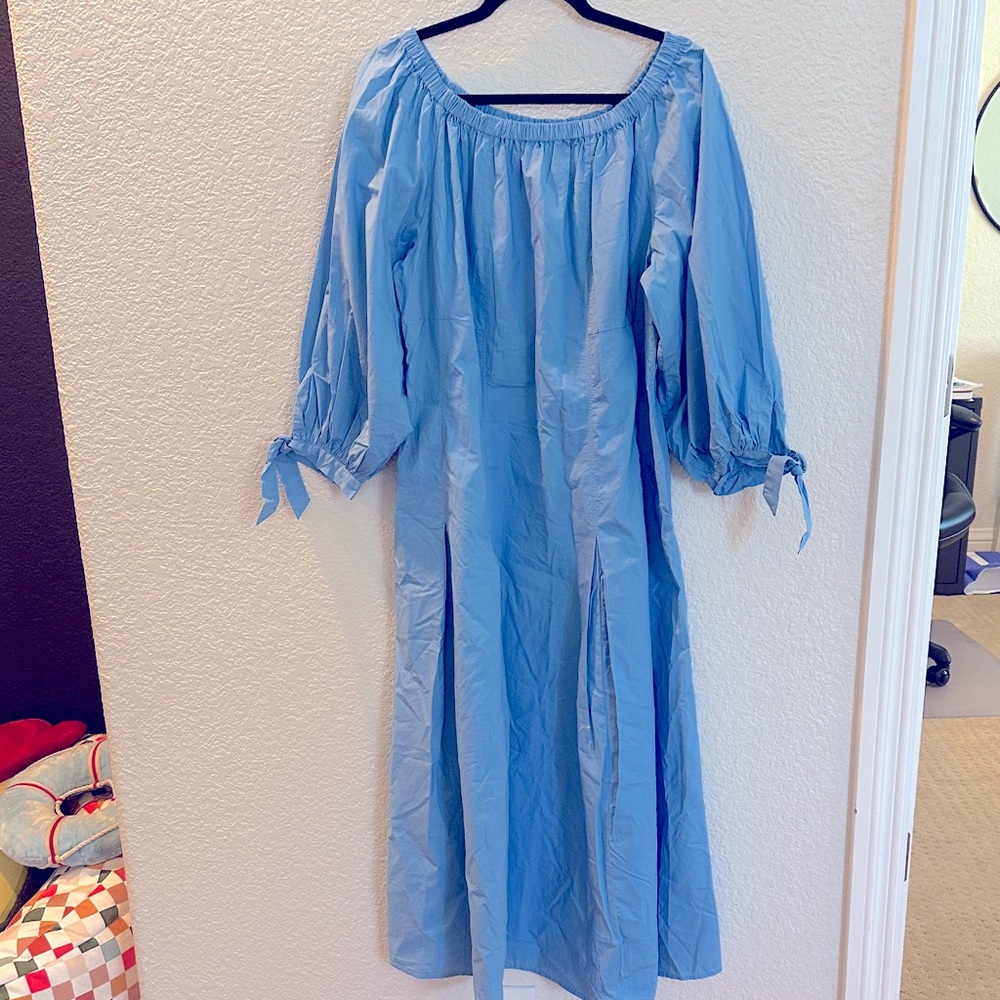 LOFT Sky Blue Off-Shoulder Maxi Dress with Tie Sleeves
